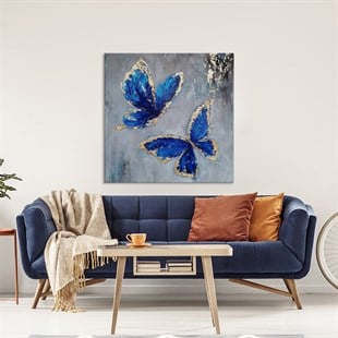 Mavi Kelebekler - Yağlı Boya Dokulu Tablo